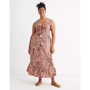 MADEWELL | Lace-Up Ruffle Sleeveless Midi Dress Bali Blooms Print Neutral Floral